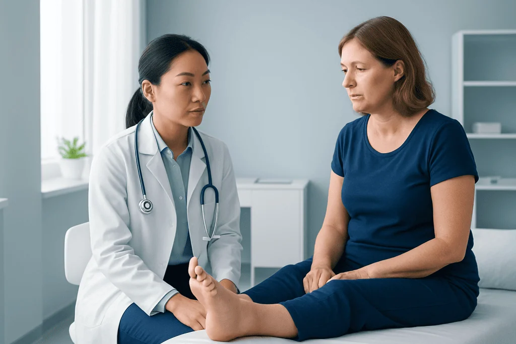Doctor examining woman's swollen foot in clinic setting.