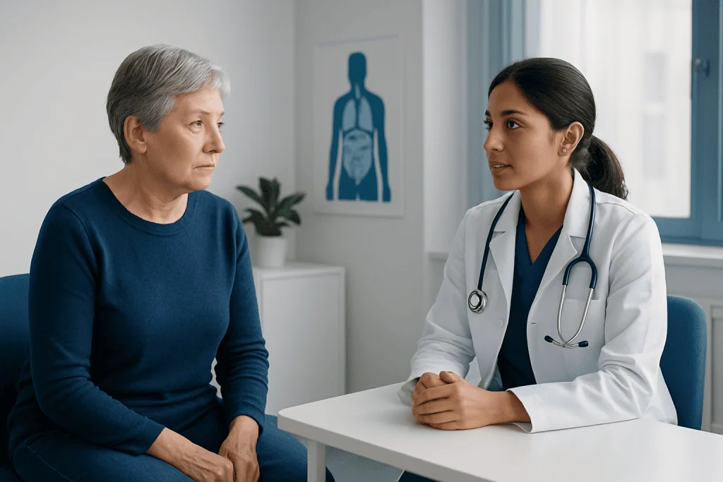 Doctor consulting with an elderly female patient in a modern hospital setting.