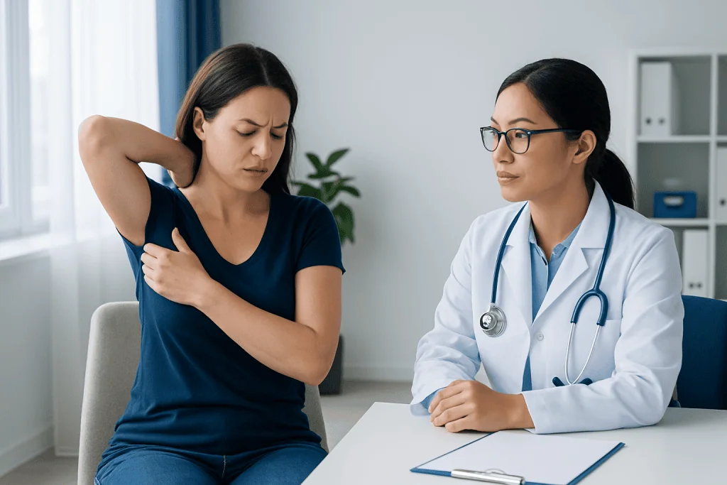 Woman experiencing shoulder pain during medical consultation at Acibadem Hospital.