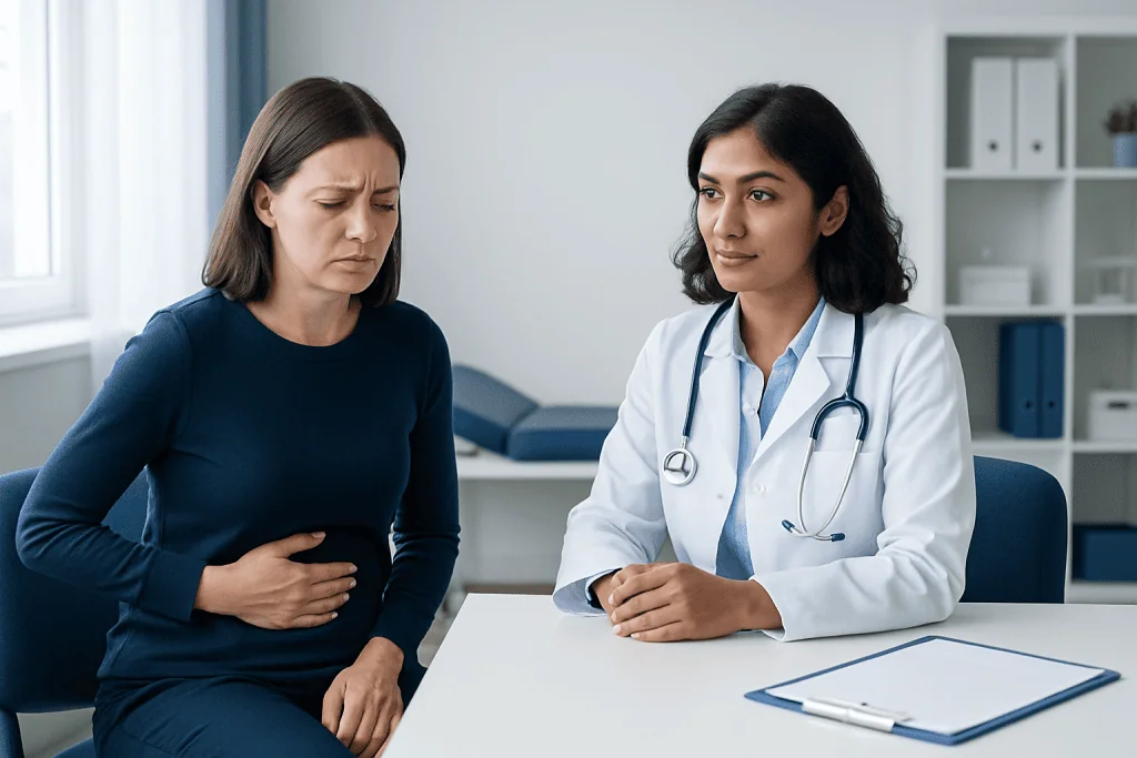 Doctor consulting patient with stomach pain in a medical office.