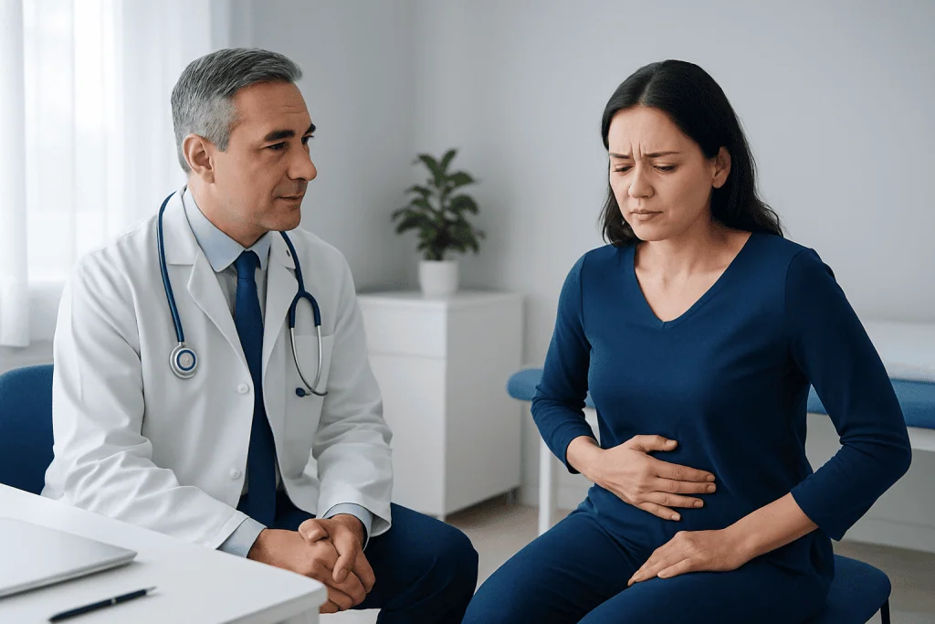 Doctor consulting with a woman experiencing stomach pain in a medical office.