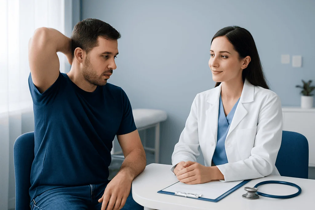 Doctor consulting with a male patient in a medical office.