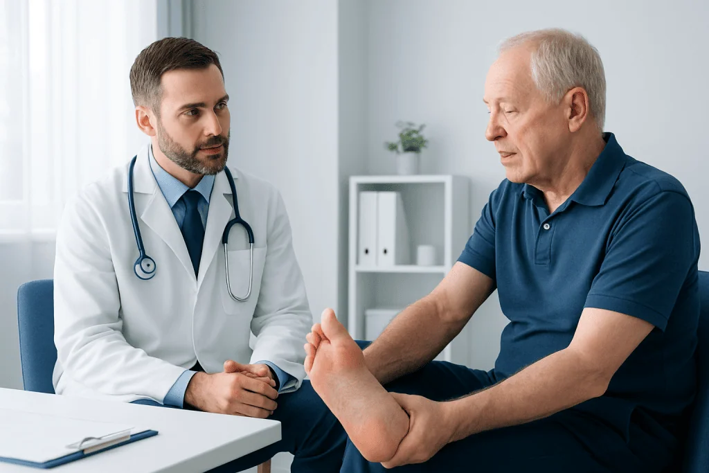 Doctor consulting with an elderly patient about foot health in a clinic setting.