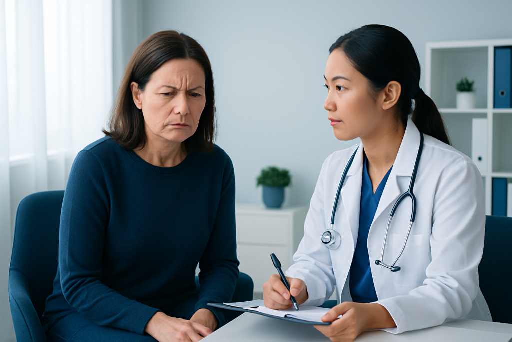 Doctor consulting with a woman about frown lines and facial aging.