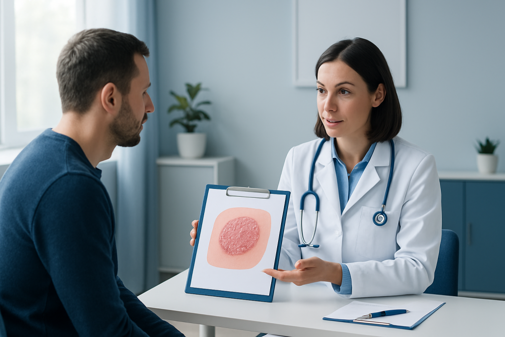 Doctor explaining skin plaque condition to patient with visual aid.