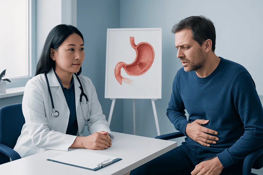 Doctor consulting a patient with stomach pain in a medical office.