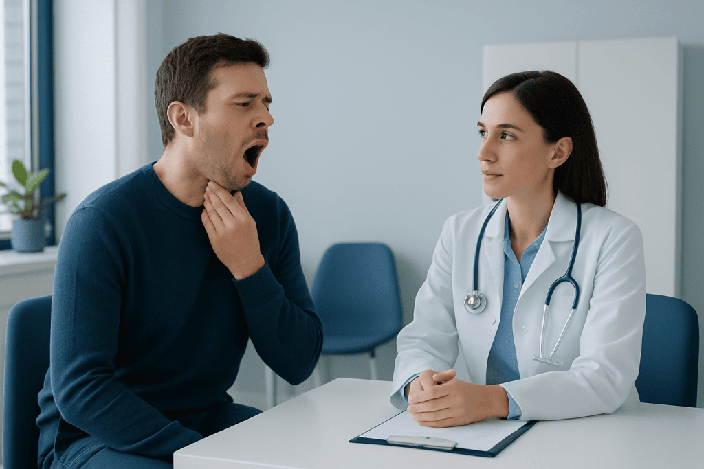 Patient with sore throat consulting a doctor in a clinic setting.