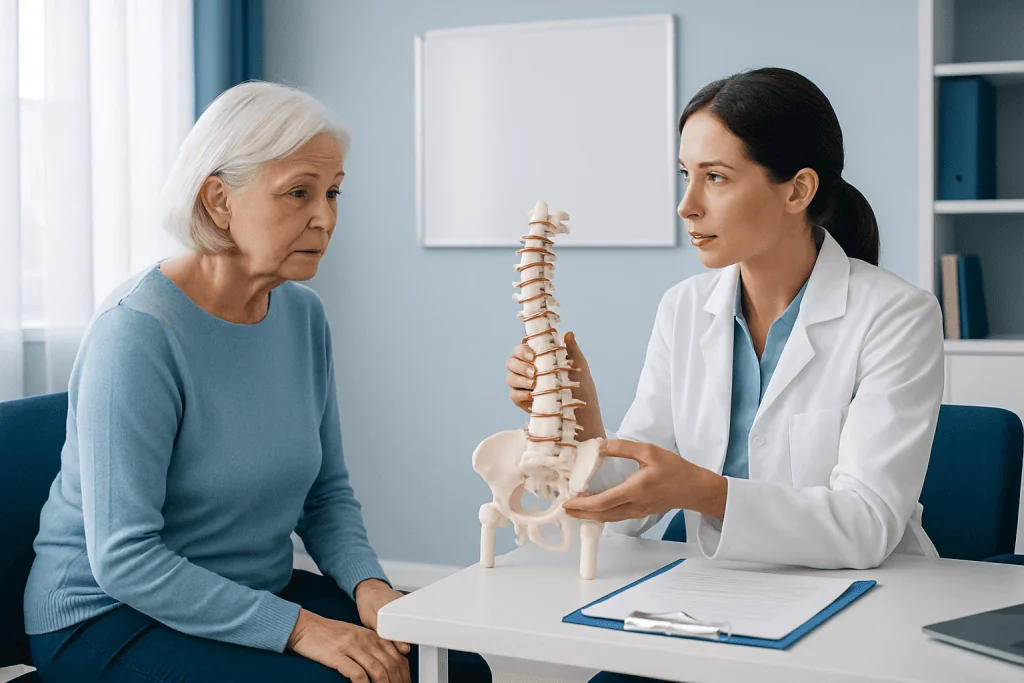 Doctor explaining spinal anatomy to elderly woman in medical consultation room.