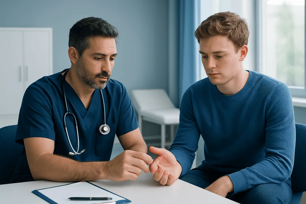 Doctor examining a young man's wrist in a medical consultation room.
