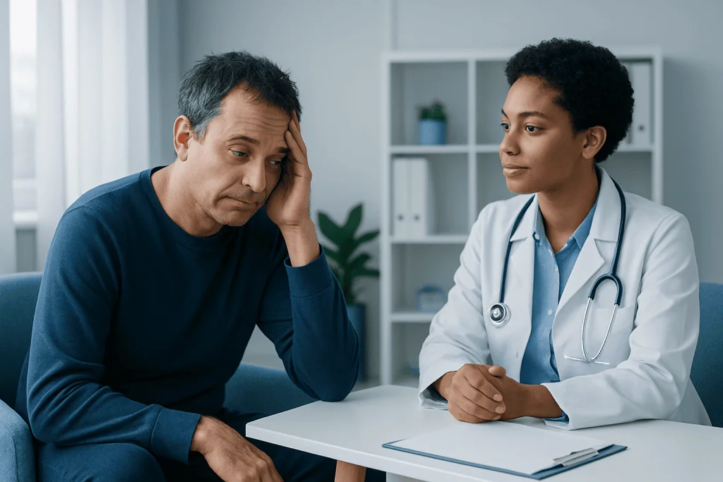 Patient consulting doctor about sleep issues at clinic.