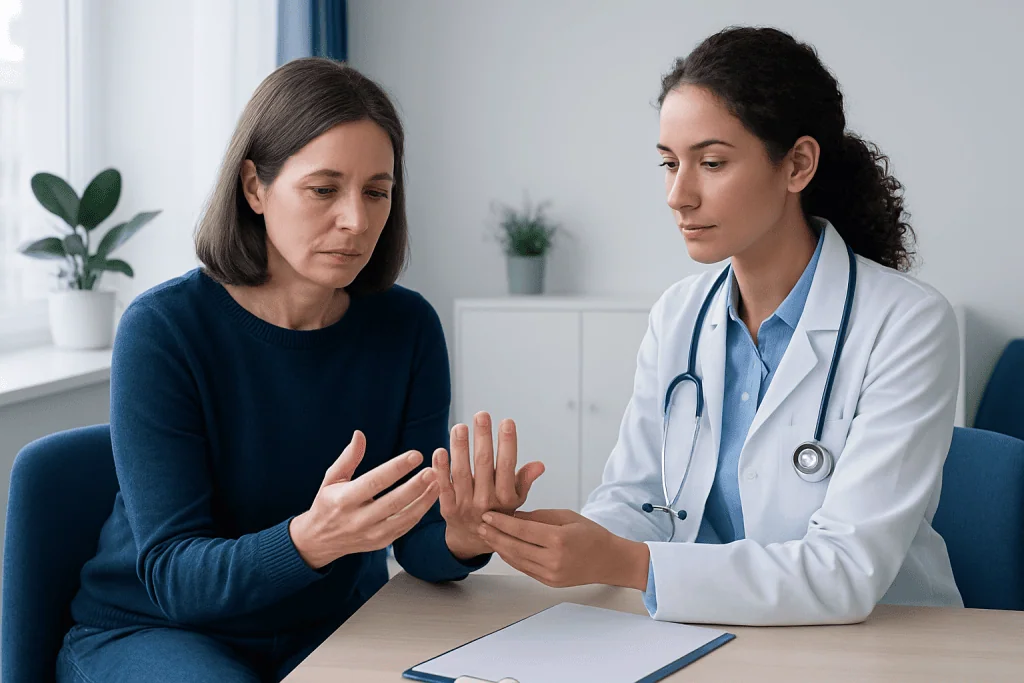 Doctor examining patient's wrinkled fingertips for health assessment.