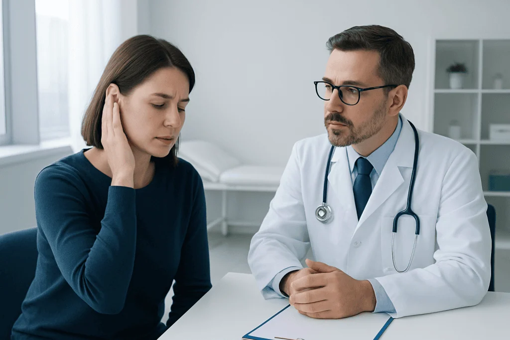 Doctor examining a woman with ear discomfort in a clinical setting.