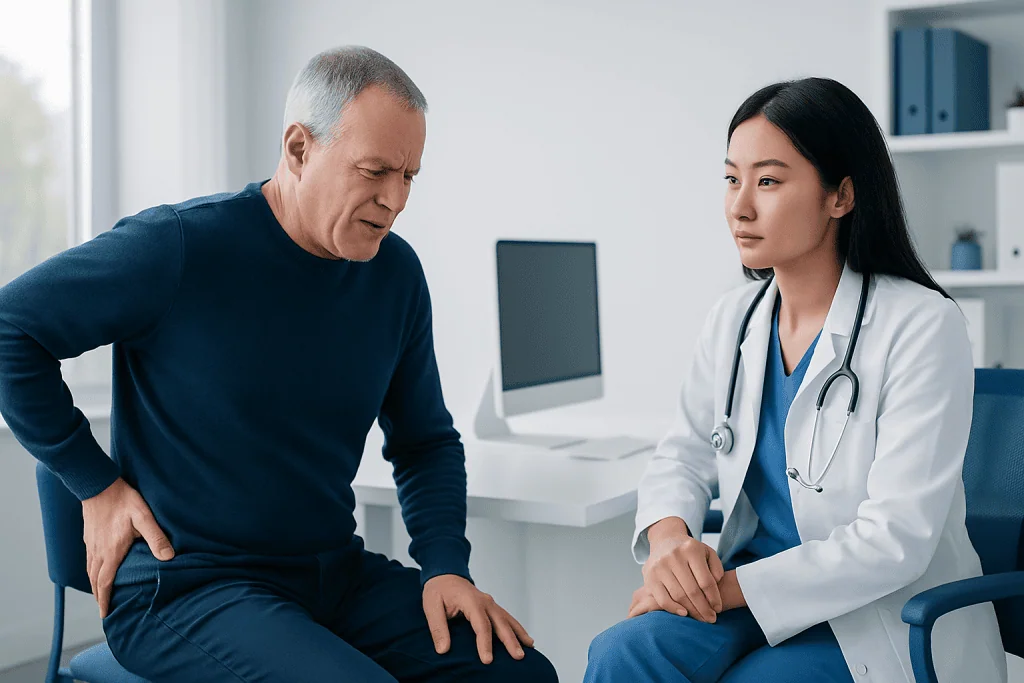 Doctor consulting with a patient about hip pain in a medical office.