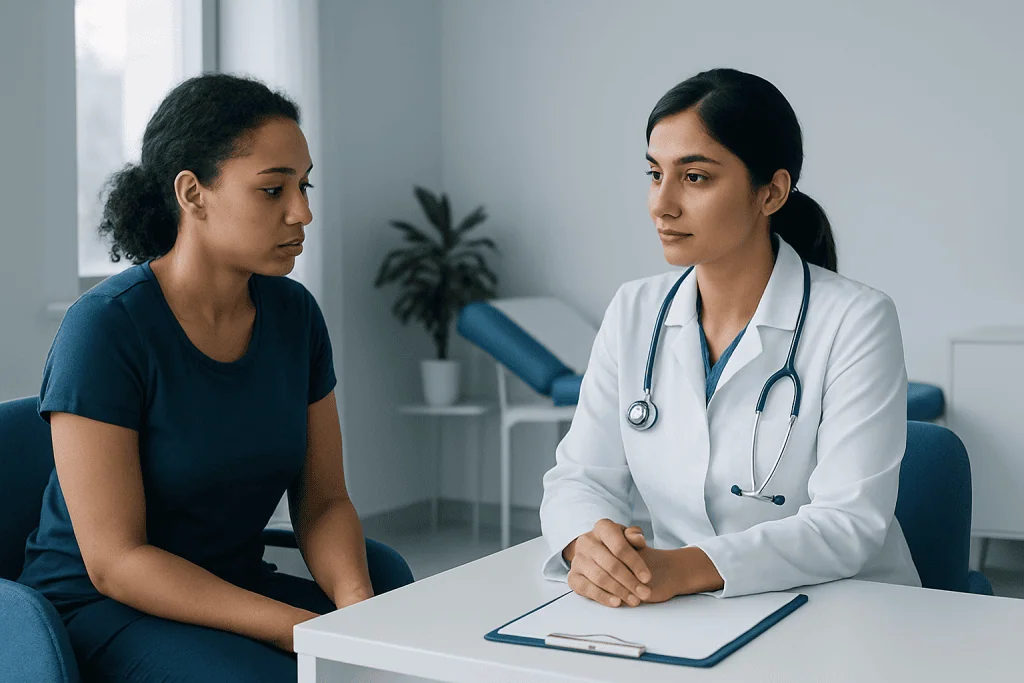 Doctor consulting with a patient about health concerns in a medical office.