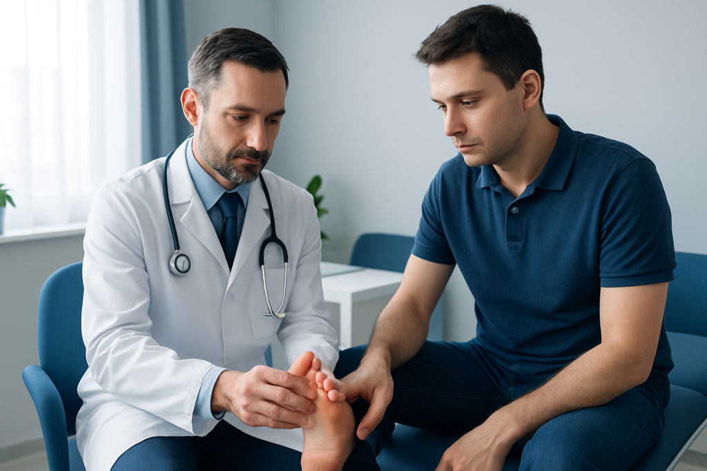 Doctor examining patient's foot for infection or injury.