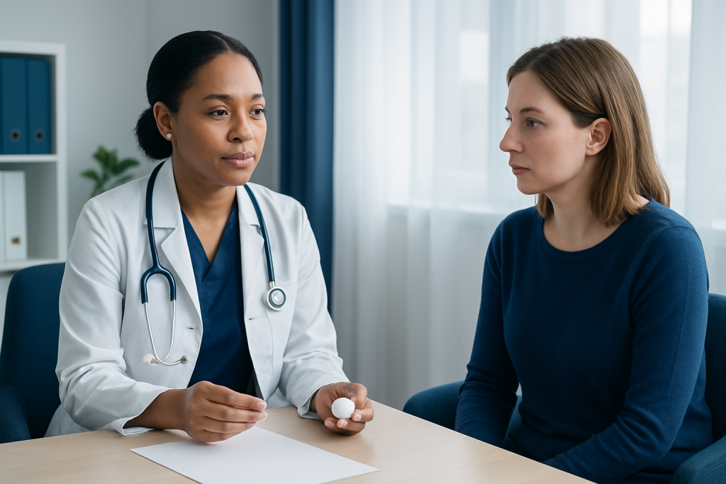 Doctor explaining medical procedure to patient in consultation room.