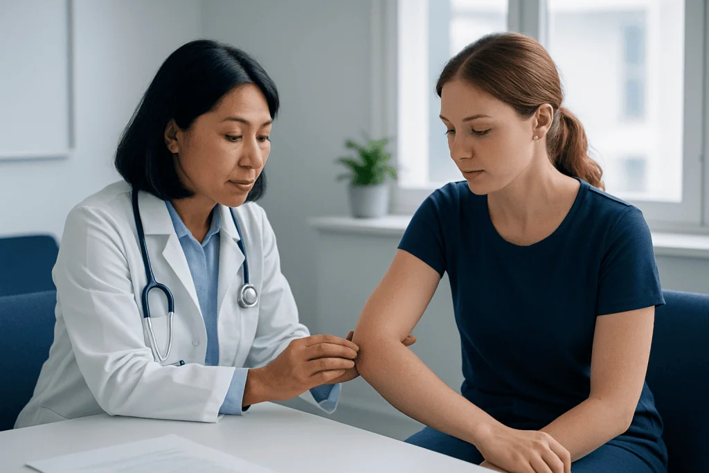 Doctor examining patient's elbow for skin rash or bumps.