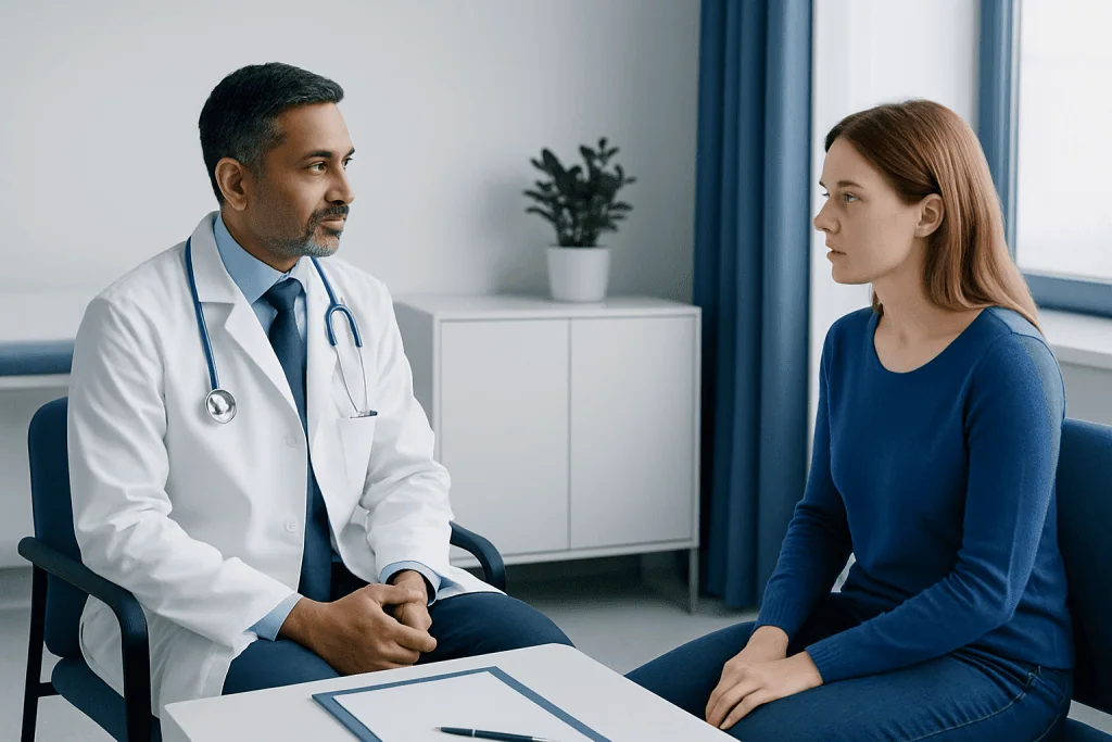 Doctor consulting with a young woman in a medical office setting.