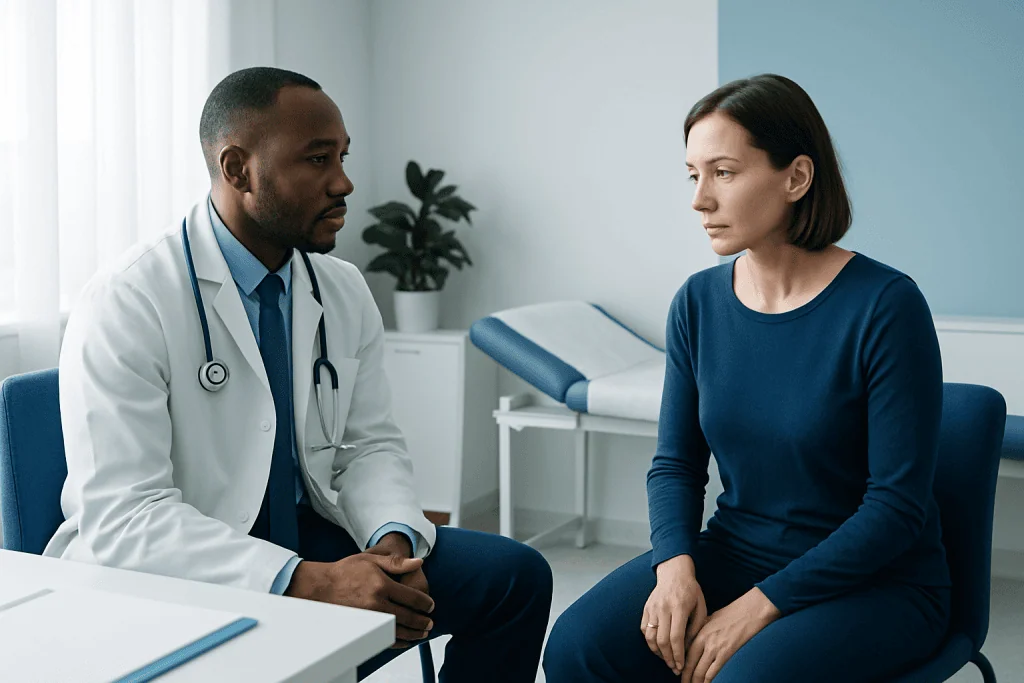 Doctor consulting female patient in a medical office setting.