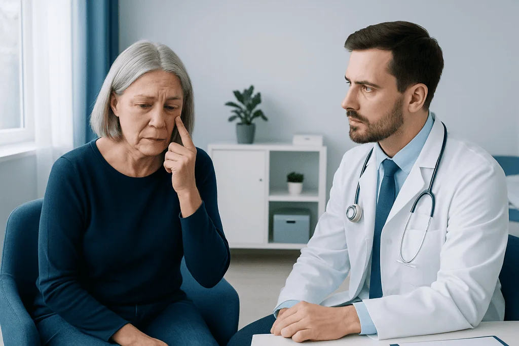 Doctor consulting elderly woman about eye swelling in a clinical setting.