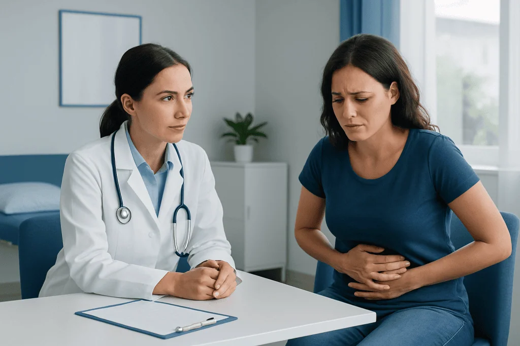Doctor consulting with patient experiencing stomach pain in clinic.