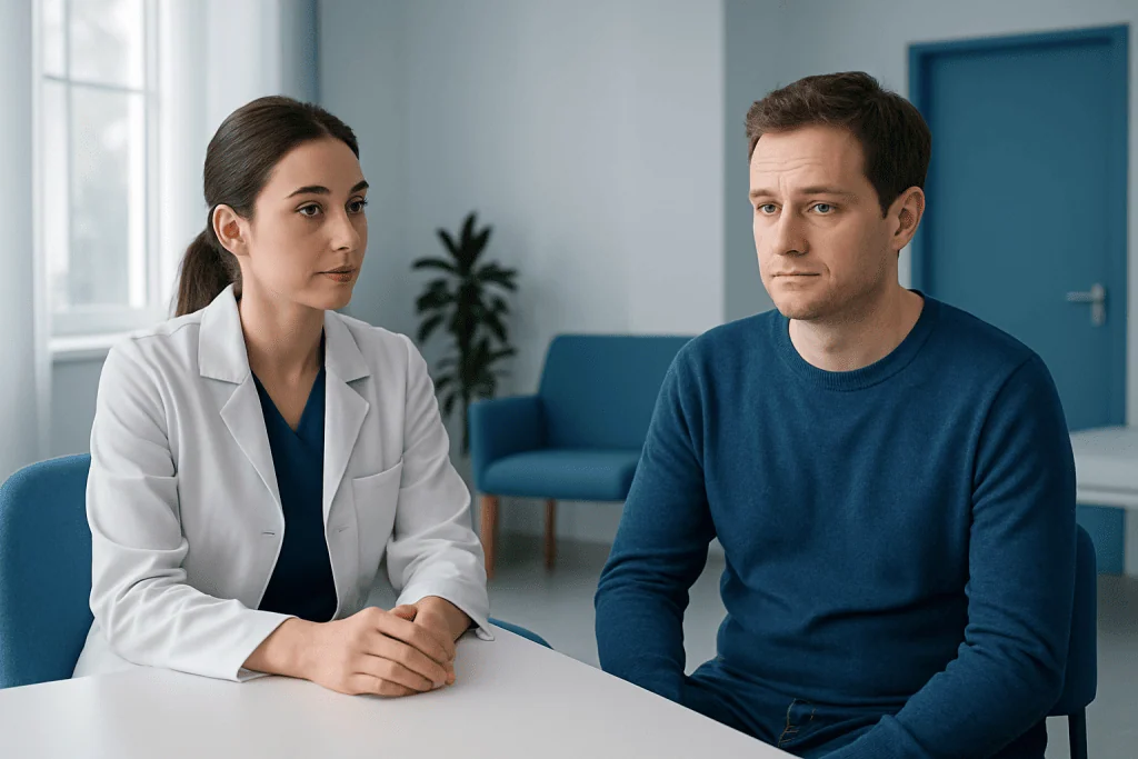 Doctor and patient in consultation about dental or orthodontic issues.