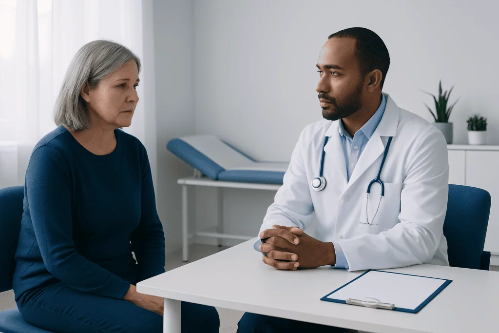 Doctor consulting with a female patient in a medical office.