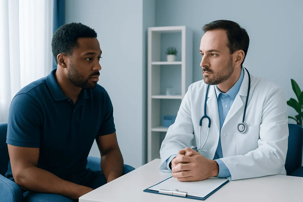 Peeling of Penile Skin: What Patients Need to Know 1 Doctor consulting with male patient in a medical office setting.