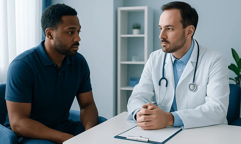Doctor consulting with male patient in a medical office setting.