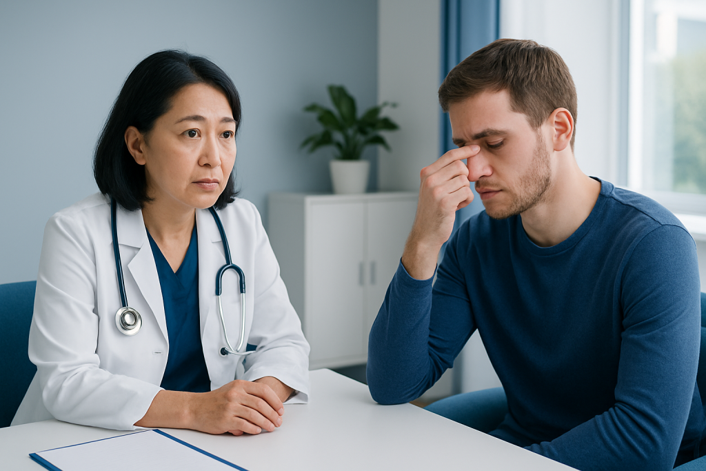 Doctor consulting with a young man about his health concerns in a medical office.