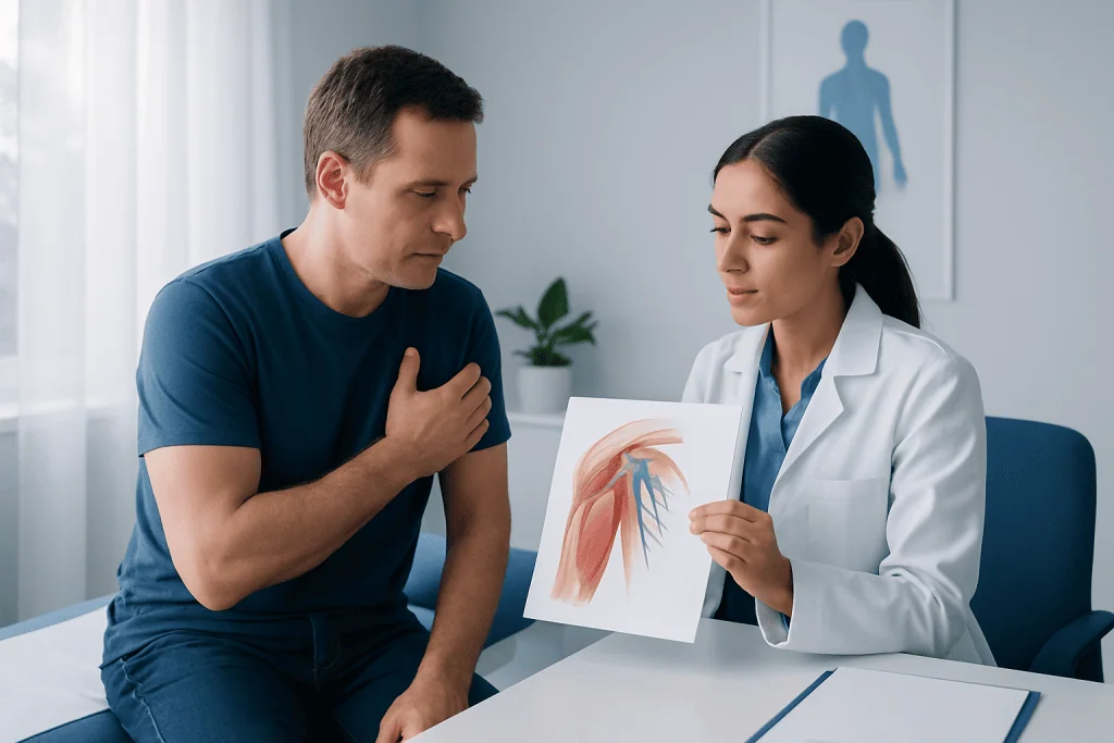 Doctor explaining axillary nerve anatomy to patient with shoulder pain.