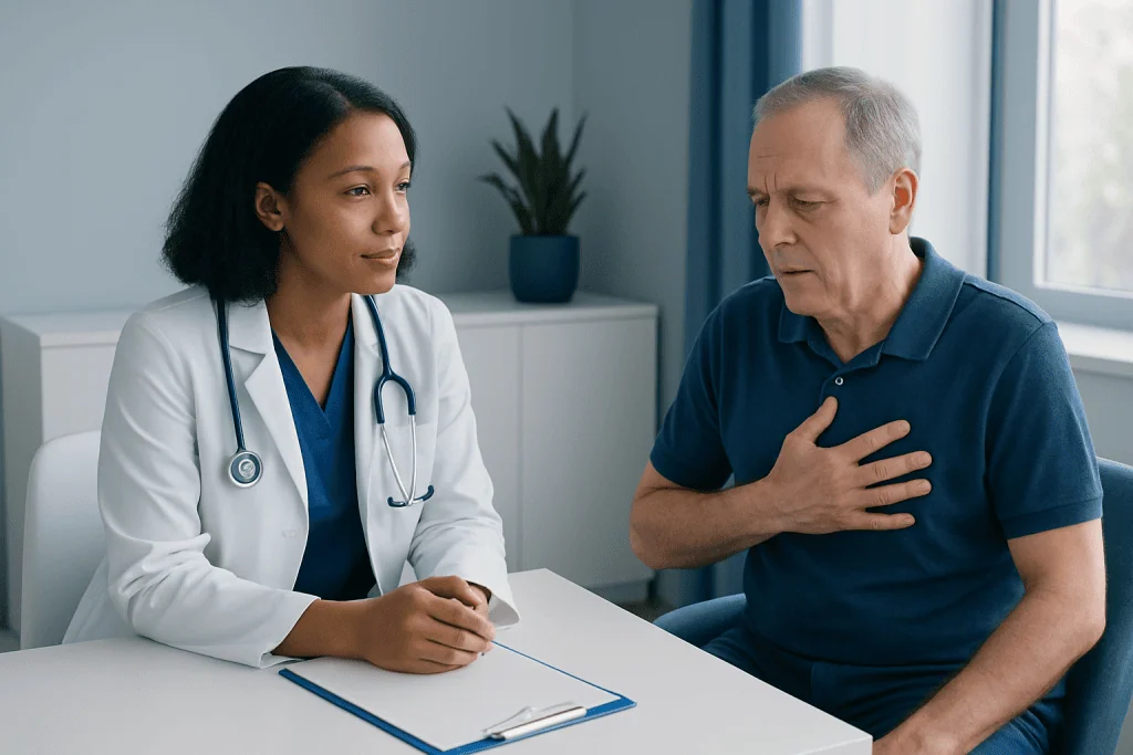 Doctor consulting with a patient about breathing issues in a clinic setting.