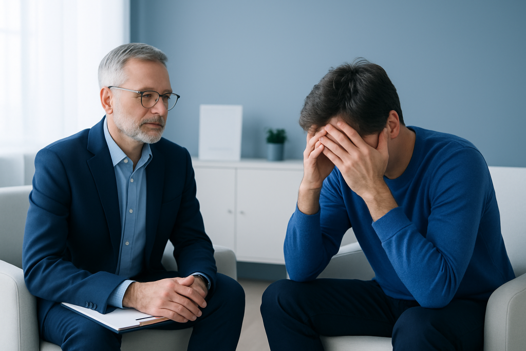 Psychologist consulting with a young man experiencing distress in a therapy session.