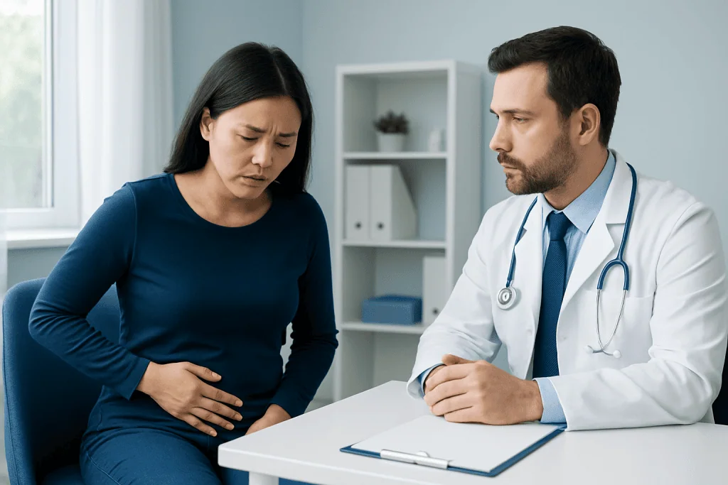 Doctor consulting with a woman about stomach pain or digestive issues.