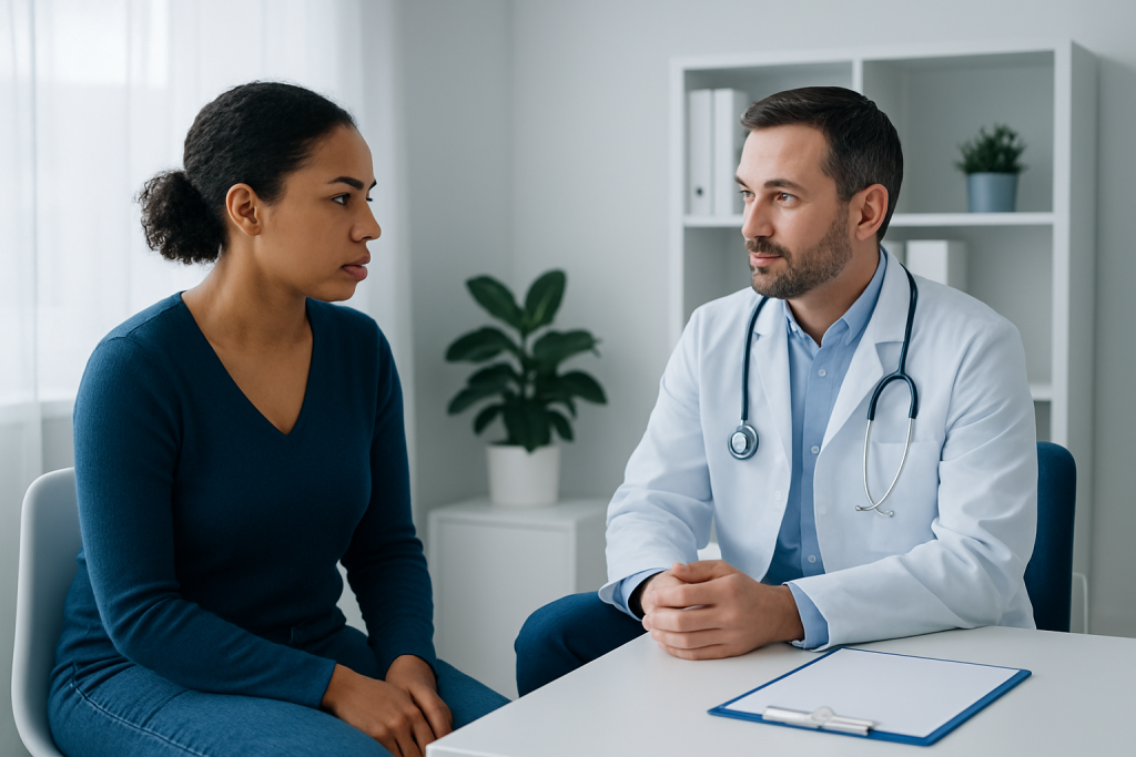 Doctor consulting with a female patient in a medical office setting.