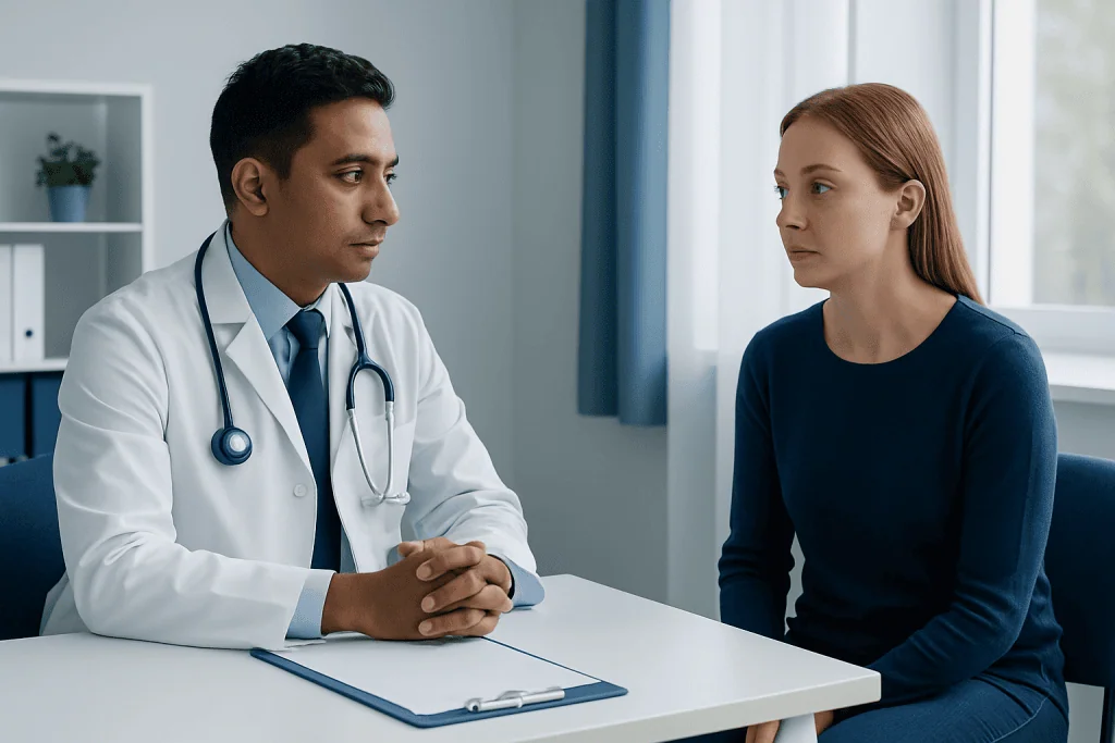 Doctor consulting with a patient about eye health in a clinical setting.