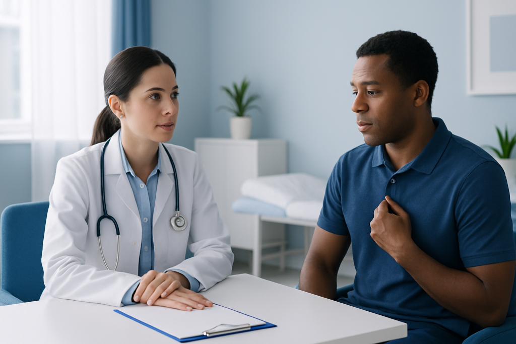 Doctor consulting with a patient about health concerns in a medical office.
