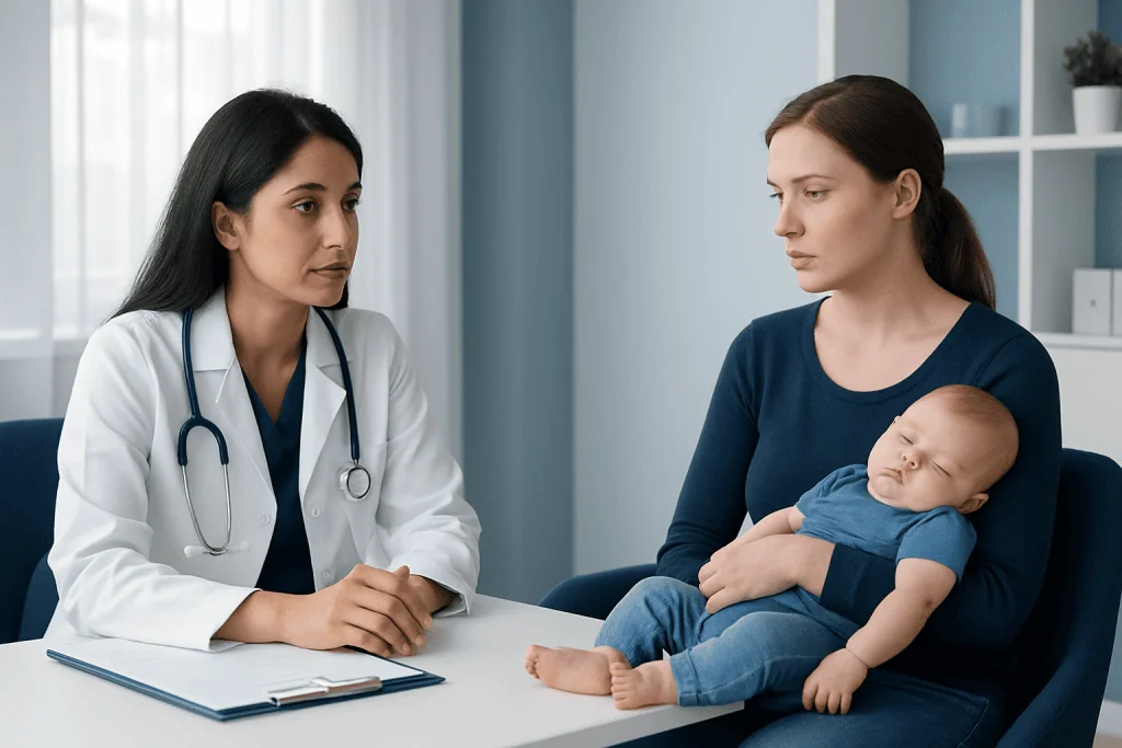 Pediatric consultation with a doctor and mother holding a sleeping baby.