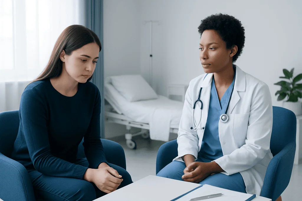 Doctor talking to a young woman in a medical consultation room.