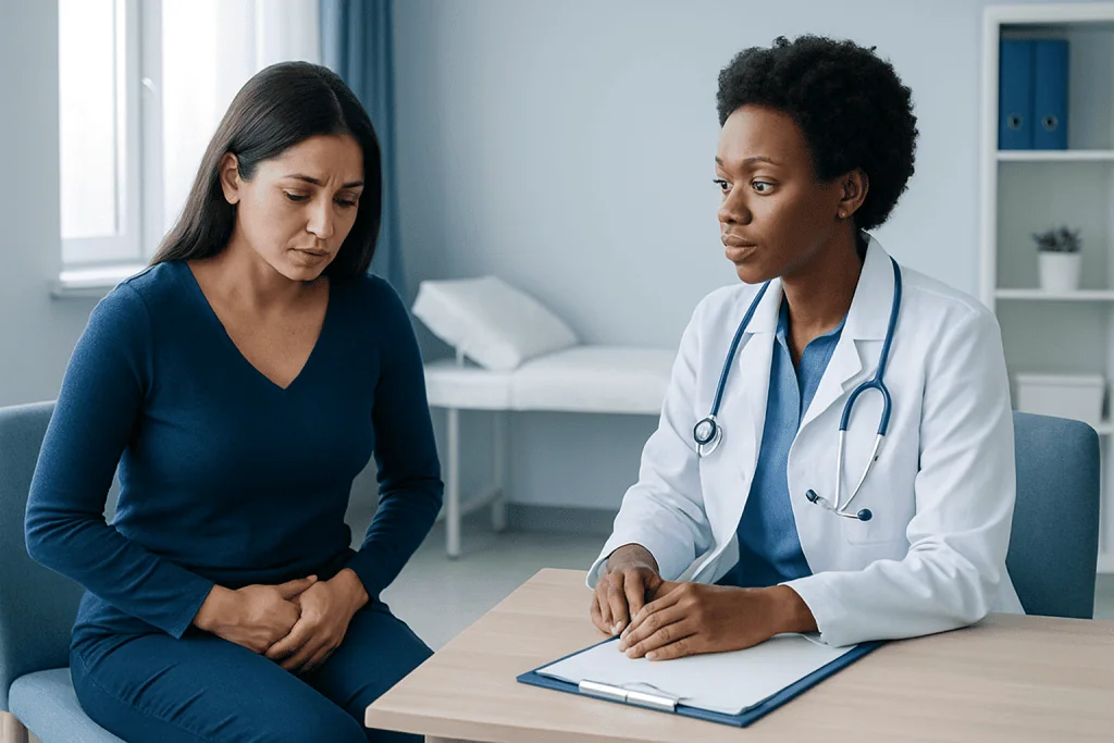 Doctor consulting with a woman patient about health concerns in a medical office.