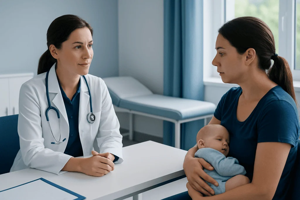 Doctor consulting new mother with baby in a hospital room.