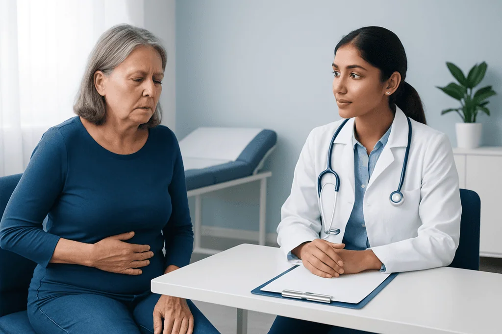 Doctor consulting an elderly woman about digestive health issues.