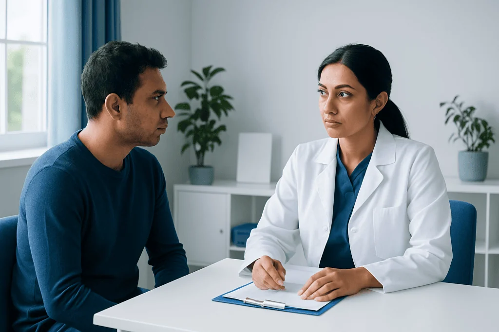Doctor consulting with patient in a medical office setting.