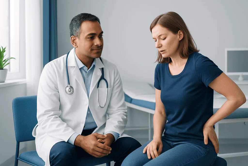 Doctor consulting female patient about health concerns in a clinic setting.