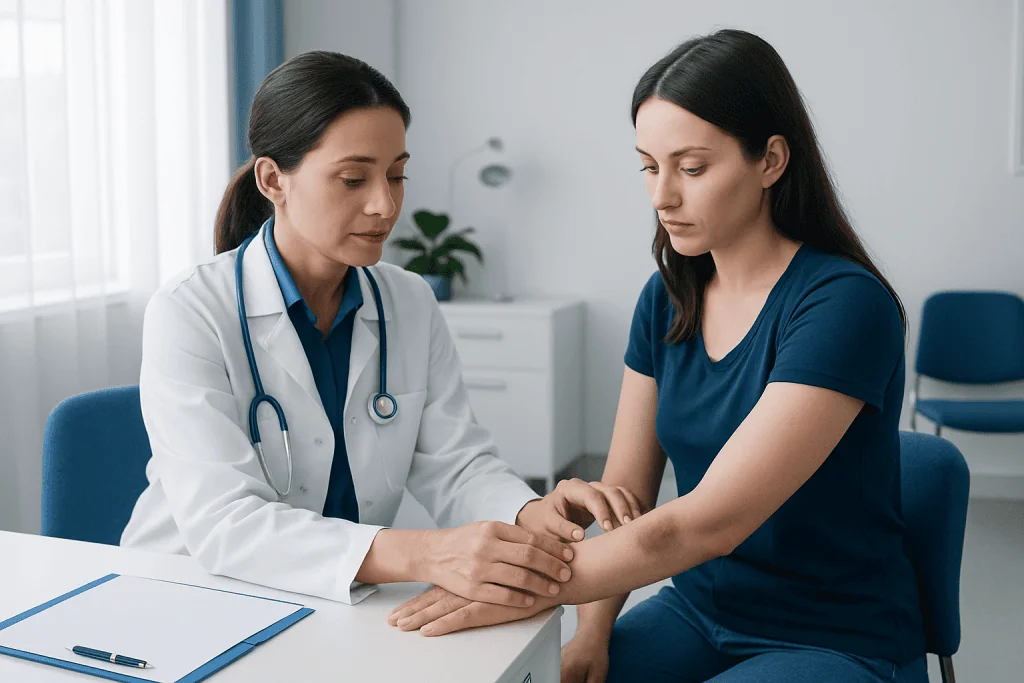 Doctor examining a patient's arm for a bruise or skin issue.