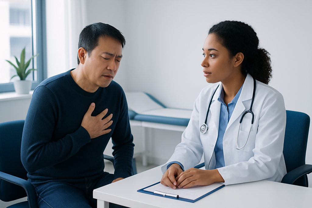 Doctor examining a patient with chest discomfort in a hospital room.