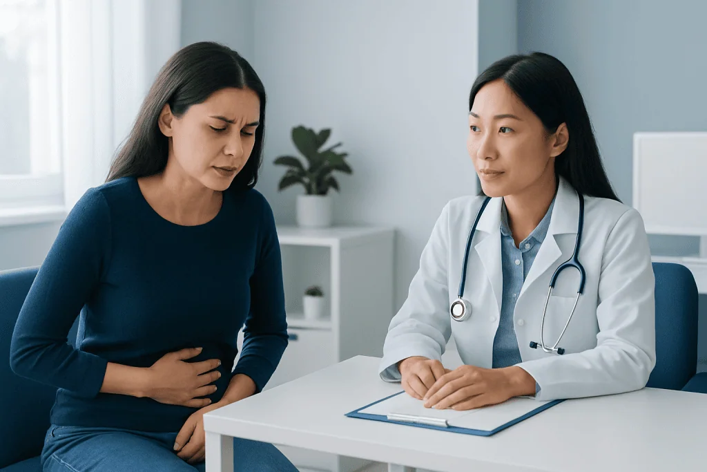 Doctor consulting with a woman patient about stomach discomfort.