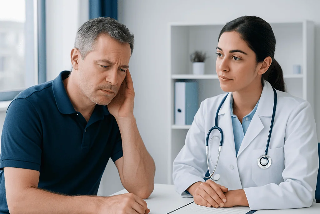 Doctor consulting with a patient about ear health in a clinical setting.