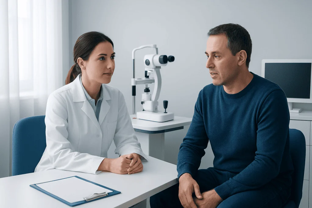 Ophthalmologist consulting with a patient in a modern clinic setting.