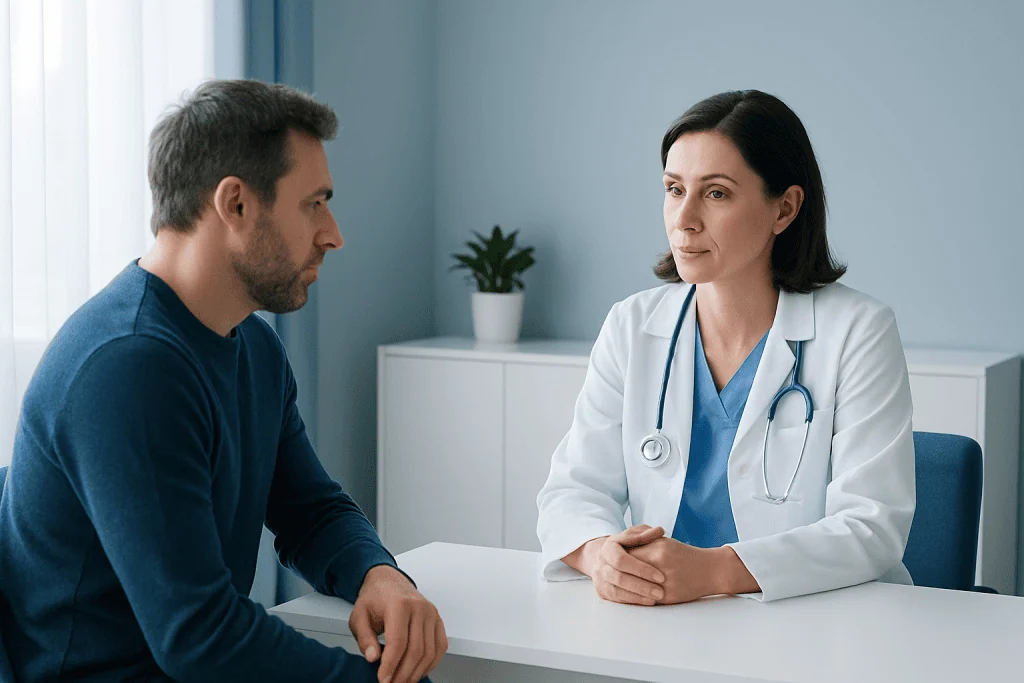 Doctor consulting with a patient in a medical office setting.